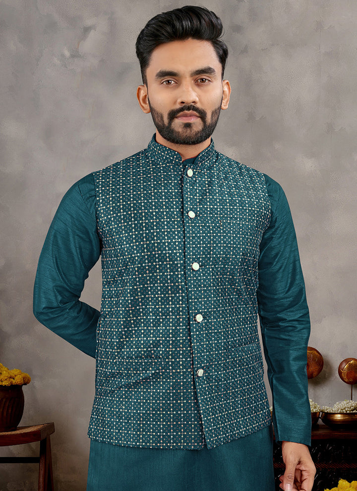 Banglori Silk Peacock Ceremonial Wear Sequins Work Readymade Modi Jacket Kurta Pajama