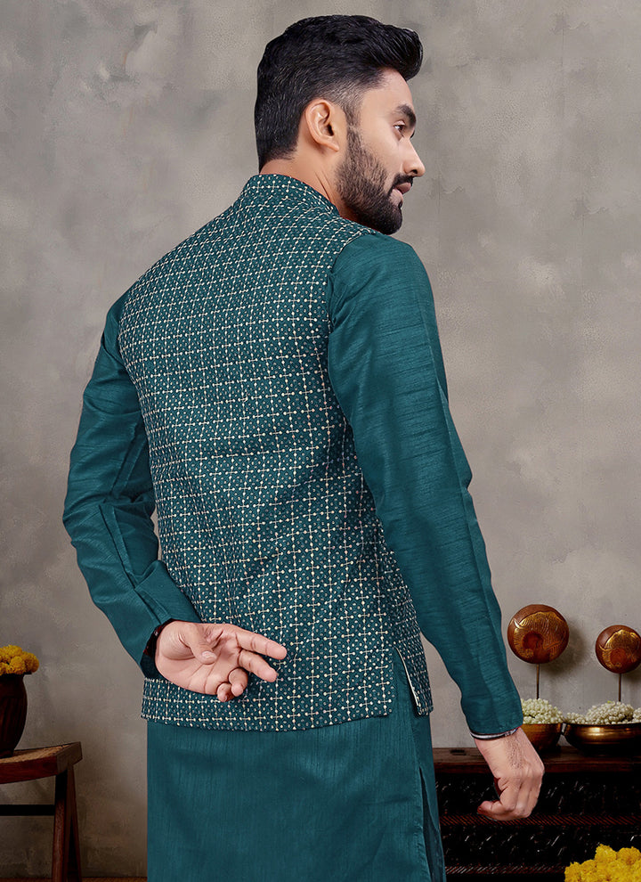 Banglori Silk Peacock Ceremonial Wear Sequins Work Readymade Modi Jacket Kurta Pajama