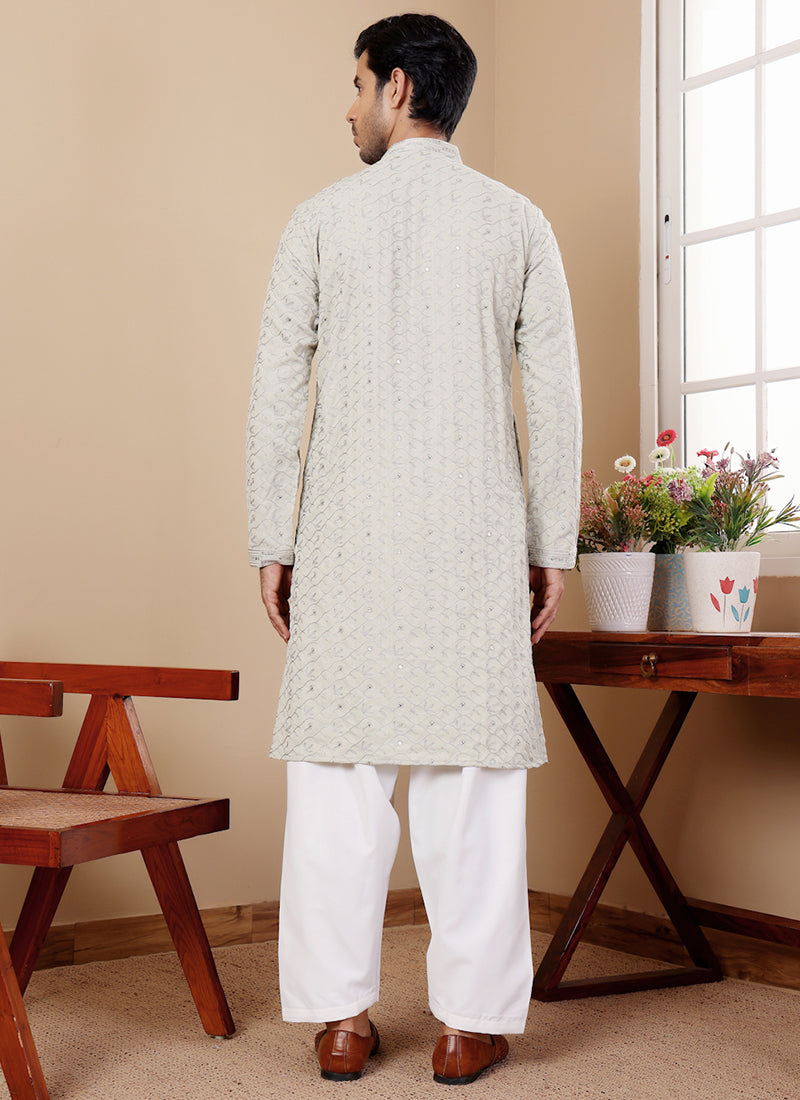Linen Light Green Traditional Wear Embroidery Work Readymade Kurta Pajama