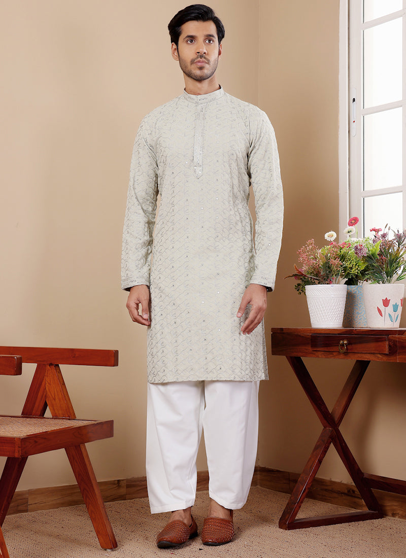 Linen Light Green Traditional Wear Embroidery Work Readymade Kurta Pajama