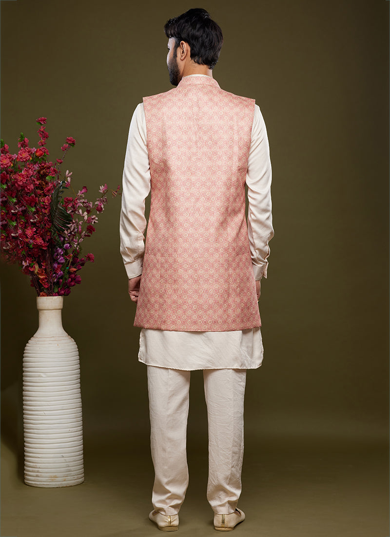 Pink Art Banarasi Silk Festival Wear Digital Printed Kurta Pajama With Jacket