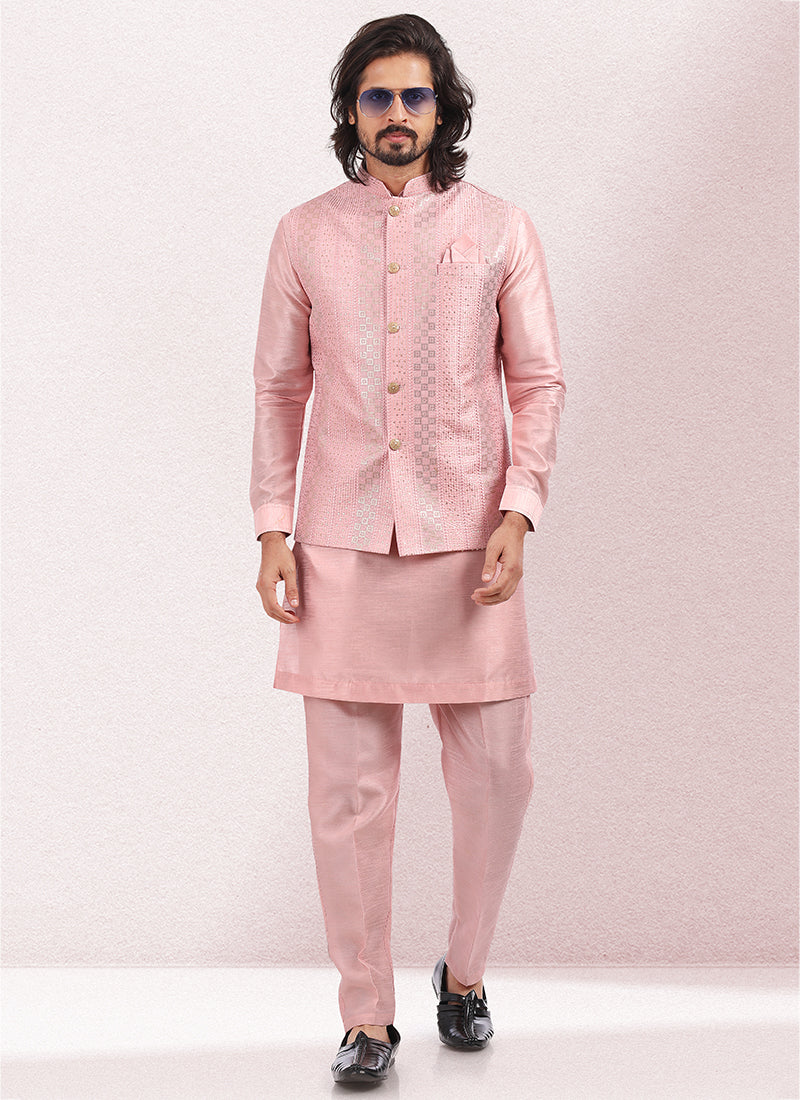 Pink Art Silk Festival Wear Thread Work Kurta Pajama With Jacket