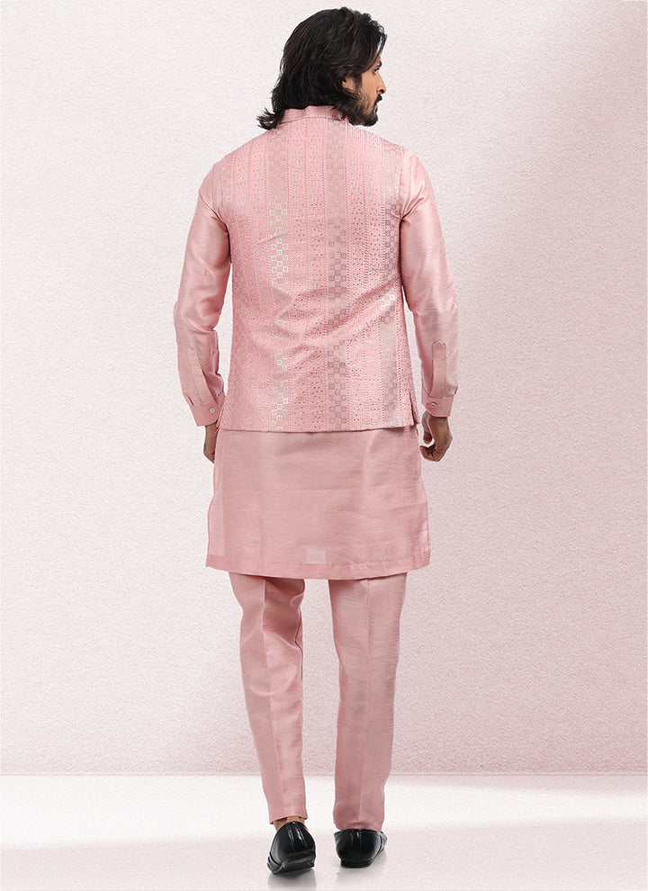 Pink Art Silk Festival Wear Thread Work Kurta Pajama With Jacket