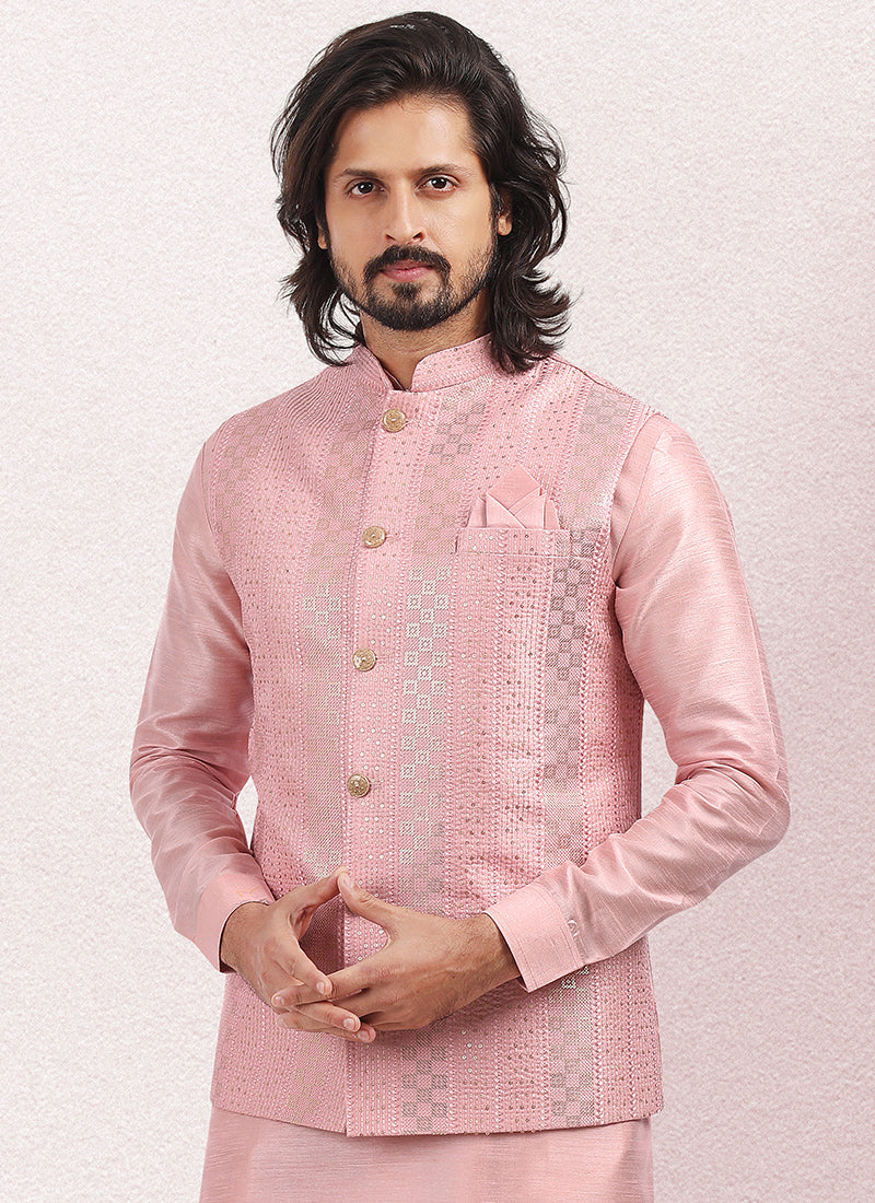 Pink Art Silk Festival Wear Thread Work Kurta Pajama With Jacket
