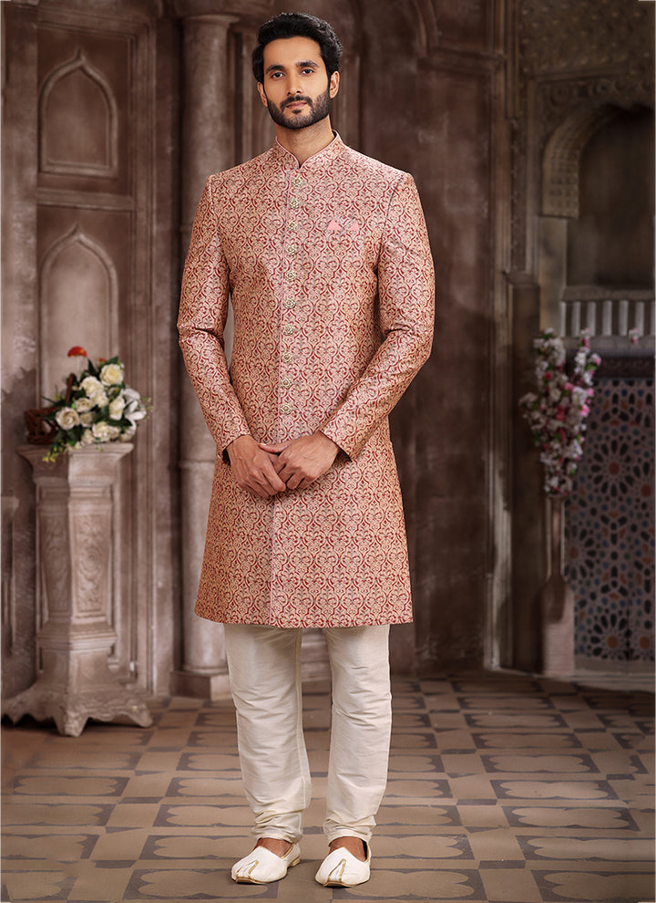 Pink Art Silk Traditional Wear Printed Sherwani