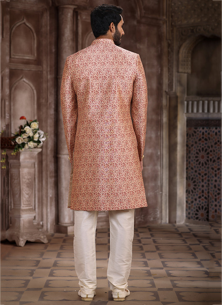 Pink Art Silk Traditional Wear Printed Sherwani