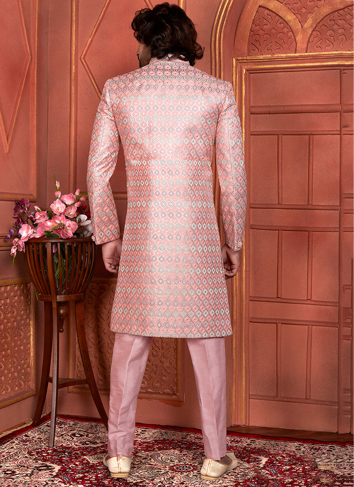 Art Silk Pink Wedding Wear Computer Thread Work 2 Pcs Attech Jacket Set