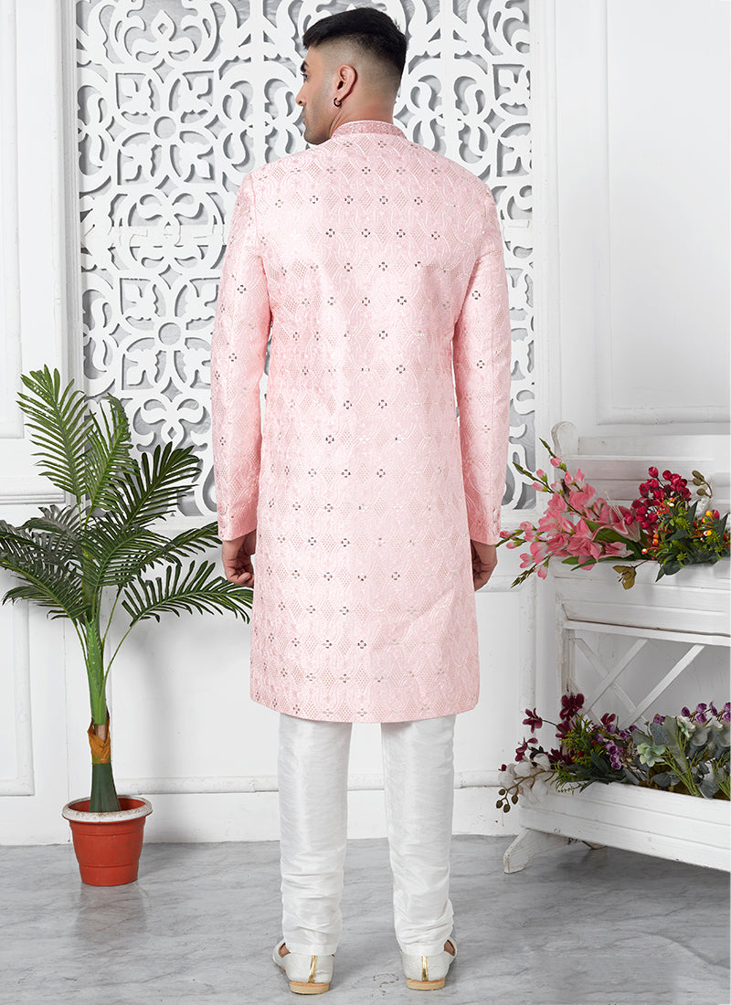 Art Silk Pink Wedding Wear Computer Thread Work Mens Sherwani