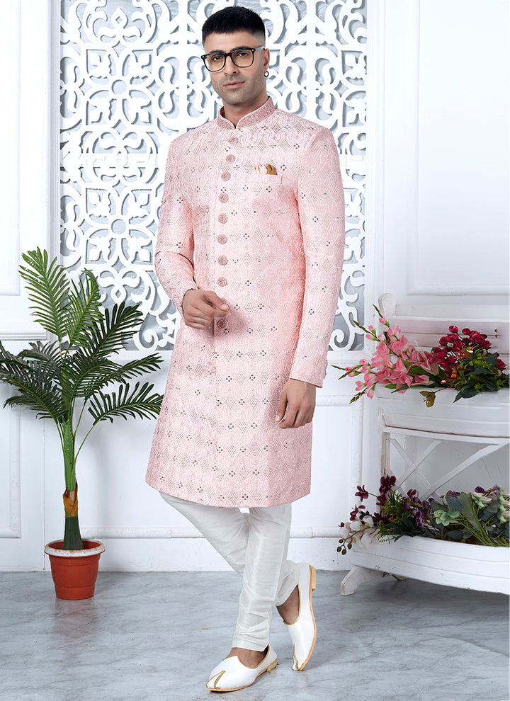 Art Silk Pink Wedding Wear Computer Thread Work Mens Sherwani