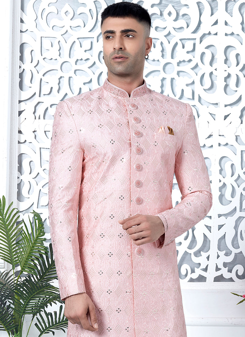 Art Silk Pink Wedding Wear Computer Thread Work Mens Sherwani