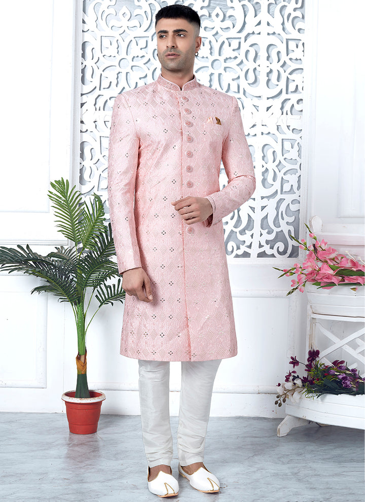 Art Silk Pink Wedding Wear Computer Thread Work Mens Sherwani