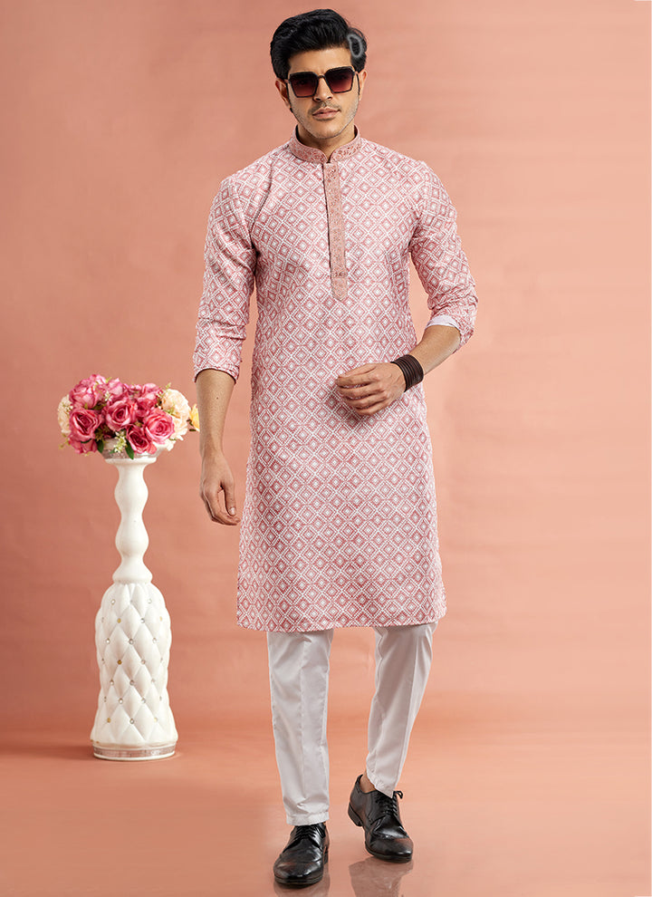 Art Cotton Silk Pink Traditional Wear Thread Work Kurta Pajama