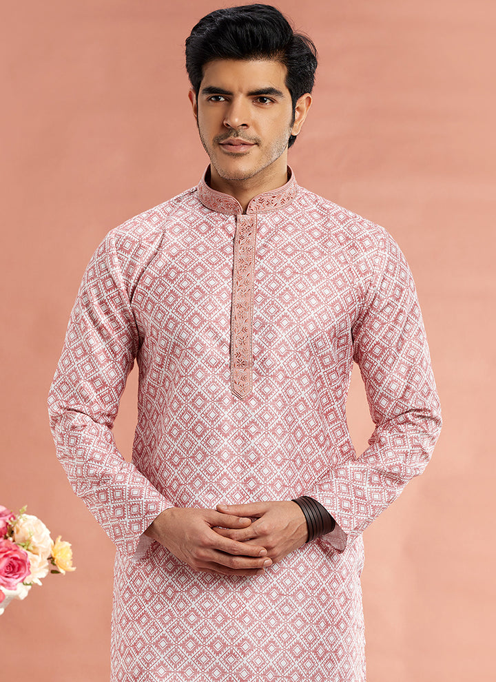 Art Cotton Silk Pink Traditional Wear Thread Work Kurta Pajama
