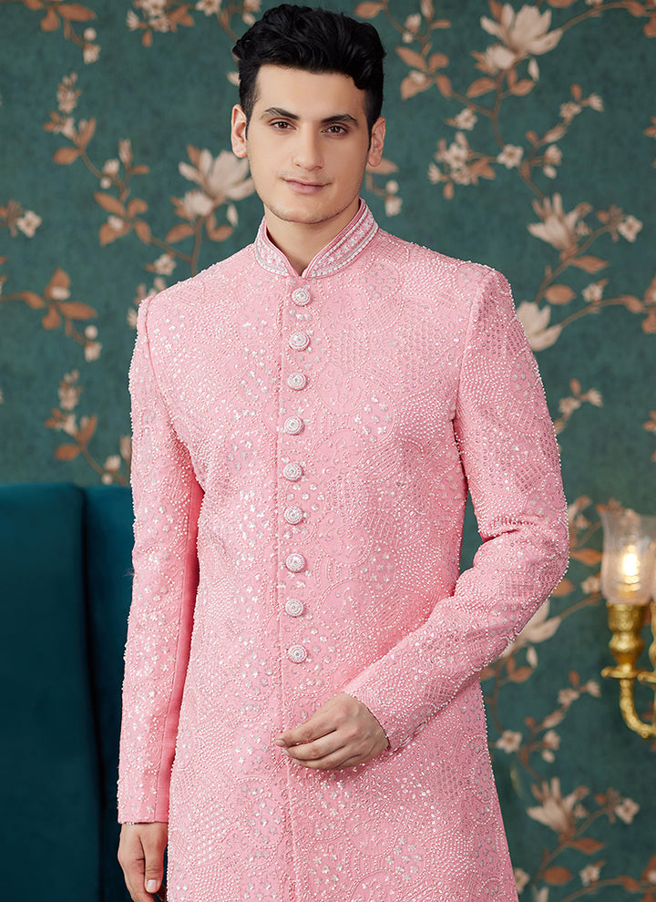 Art Silk Pink Groom Wear Thread Work Readymade Sherwani