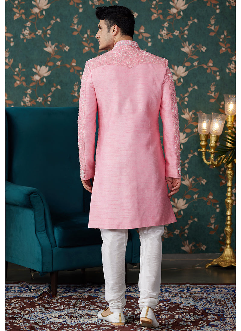 Art Silk Pink Groom Wear Thread Work Readymade Sherwani
