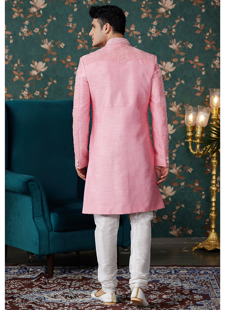 Art Silk Pink Groom Wear Thread Work Readymade Sherwani