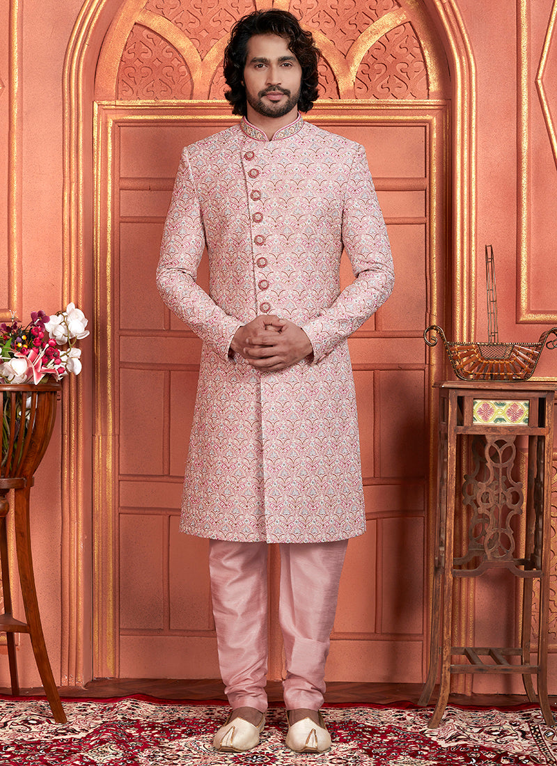 Art Silk Pink Wedding Wear Embroidery Work Readymade Groom Sherwani