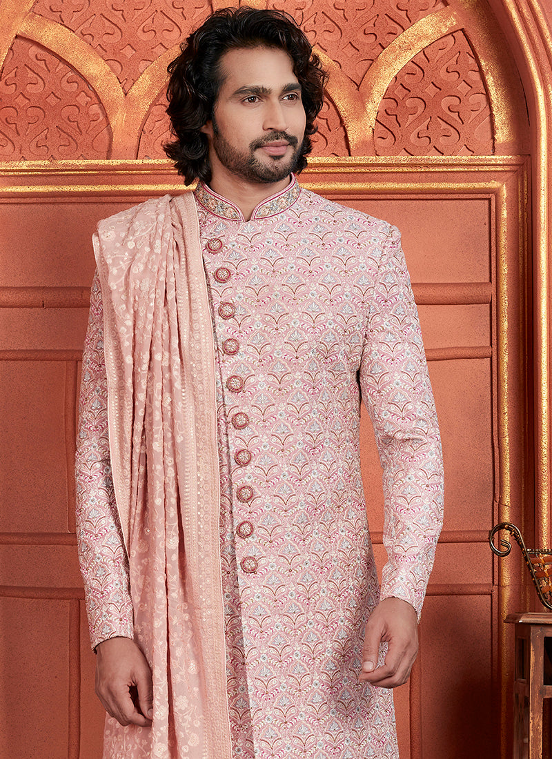 Art Silk Pink Wedding Wear Embroidery Work Readymade Groom Sherwani