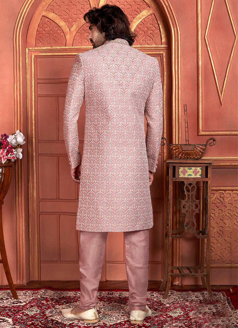 Art Silk Pink Wedding Wear Embroidery Work Readymade Groom Sherwani