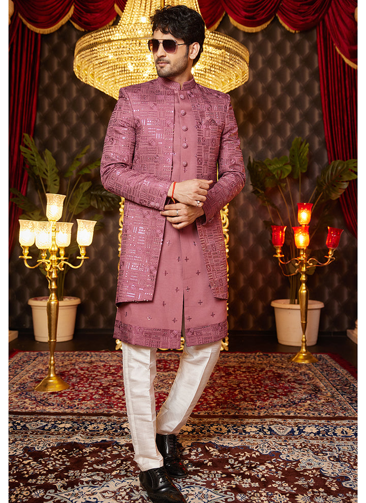 Art Silk Pink Wedding Wear Thread Work Readymade Indo Western Sherwani