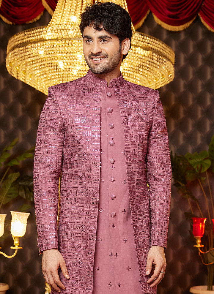 Art Silk Pink Wedding Wear Thread Work Readymade Indo Western Sherwani