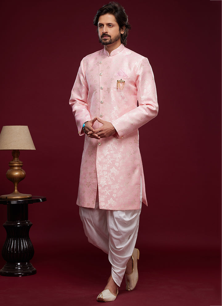 Pink Banarasi Jacquard Tradional Wear Weaving Peshawari Indo Western