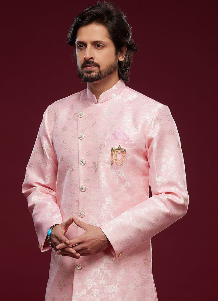 Pink Banarasi Jacquard Tradional Wear Weaving Peshawari Indo Western