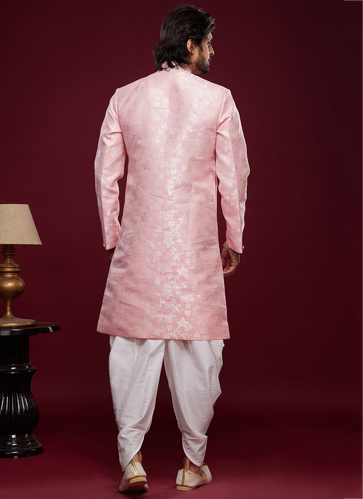 Pink Banarasi Jacquard Tradional Wear Weaving Peshawari Indo Western