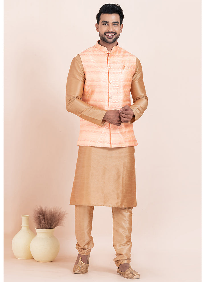 Banarasi Silk Pink Festival Wear Jacquard Work Readymade Modi Jacket Kurta Pajama