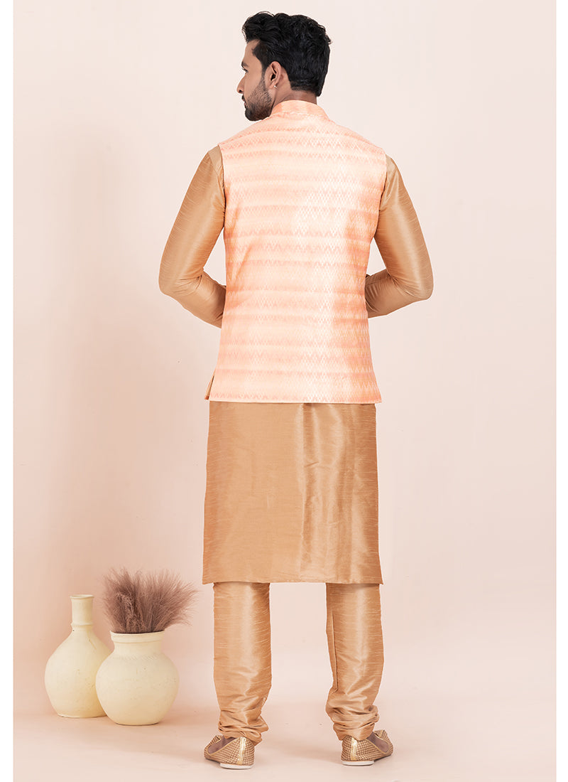 Banarasi Silk Pink Festival Wear Jacquard Work Readymade Modi Jacket Kurta Pajama