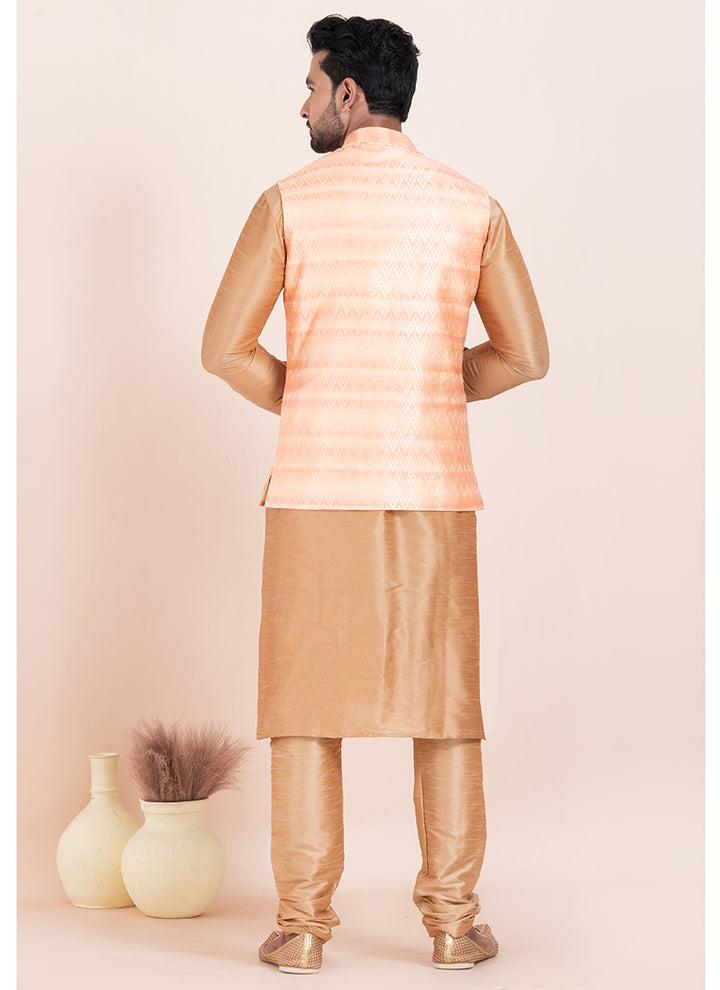 Banarasi Silk Pink Festival Wear Jacquard Work Readymade Modi Jacket Kurta Pajama