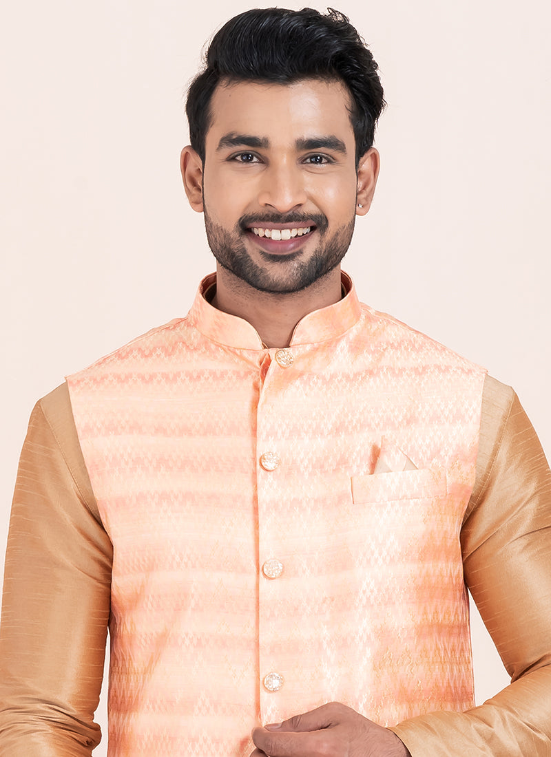 Banarasi Silk Pink Festival Wear Jacquard Work Readymade Modi Jacket Kurta Pajama