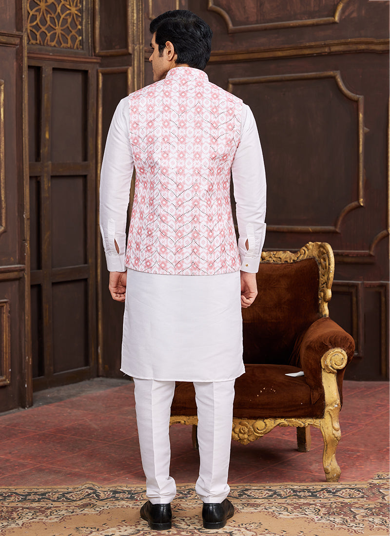 Banarasi Silk Pink Wedding Wear Digital Print Radymade Modi Jacket Kurta Pajama