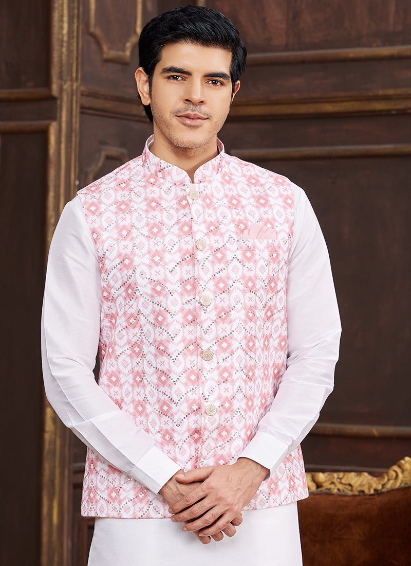 Banarasi Silk Pink Wedding Wear Digital Print Radymade Modi Jacket Kurta Pajama