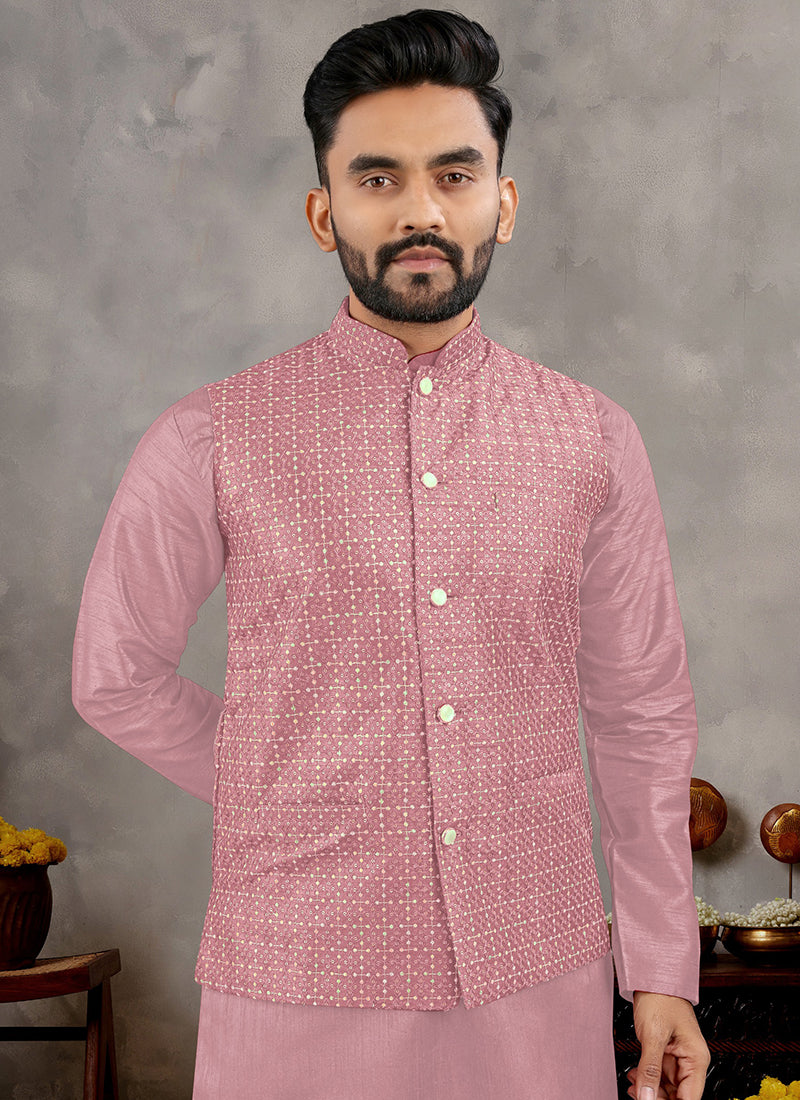 Banglori Silk Pink Ceremonial Wear Sequins Work Readymade Modi Jacket Kurta Pajama