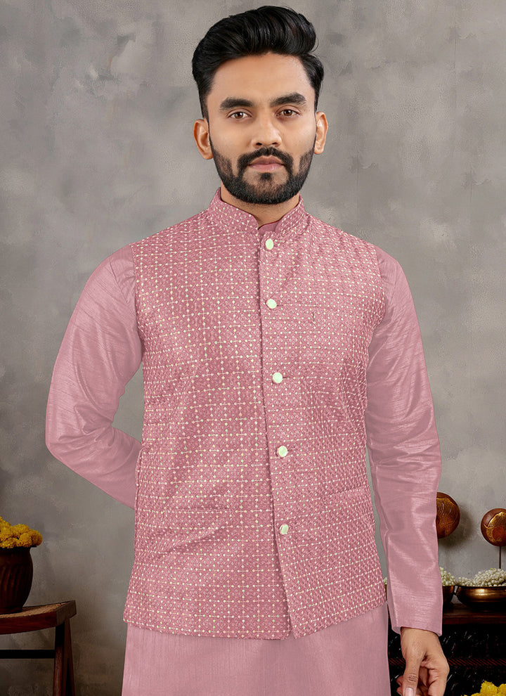 Banglori Silk Pink Ceremonial Wear Sequins Work Readymade Modi Jacket Kurta Pajama