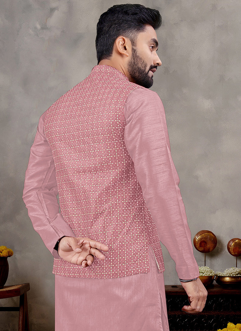 Banglori Silk Pink Ceremonial Wear Sequins Work Readymade Modi Jacket Kurta Pajama