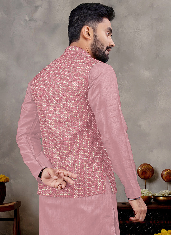 Banglori Silk Pink Ceremonial Wear Sequins Work Readymade Modi Jacket Kurta Pajama