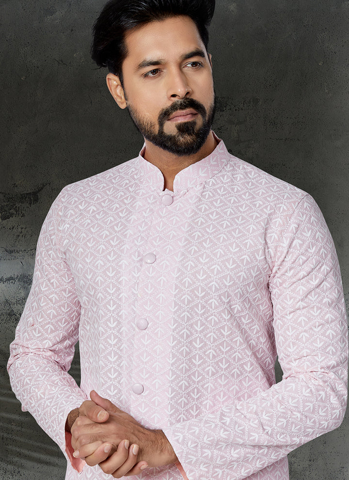 Pink Cotton Festival Wear Embroidery Work Kurta Pajama