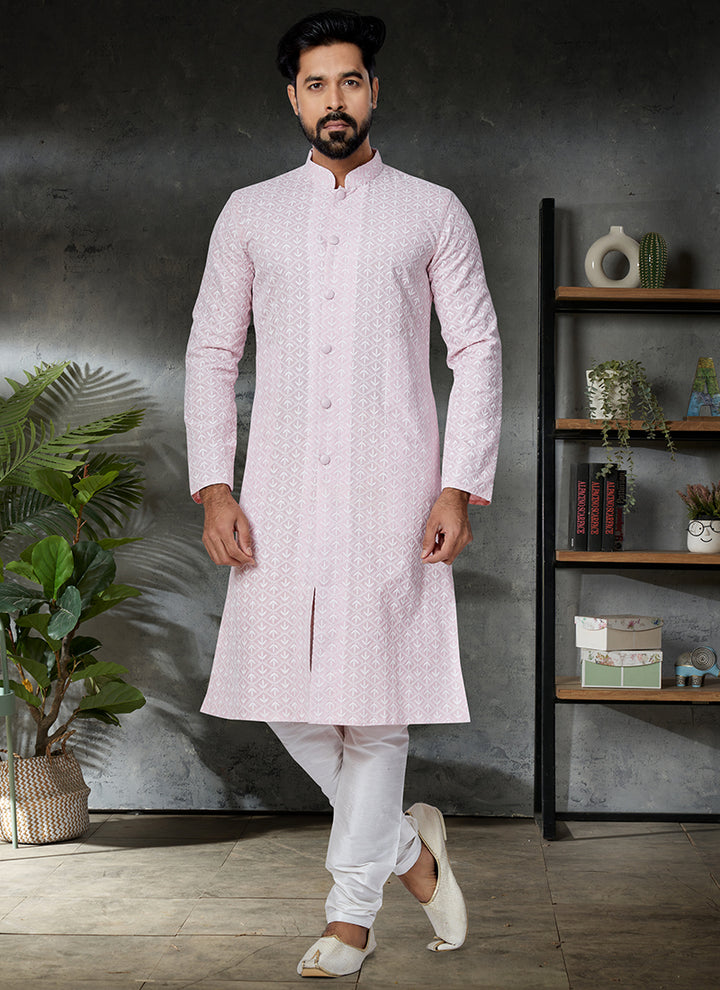 Pink Cotton Festival Wear Embroidery Work Kurta Pajama