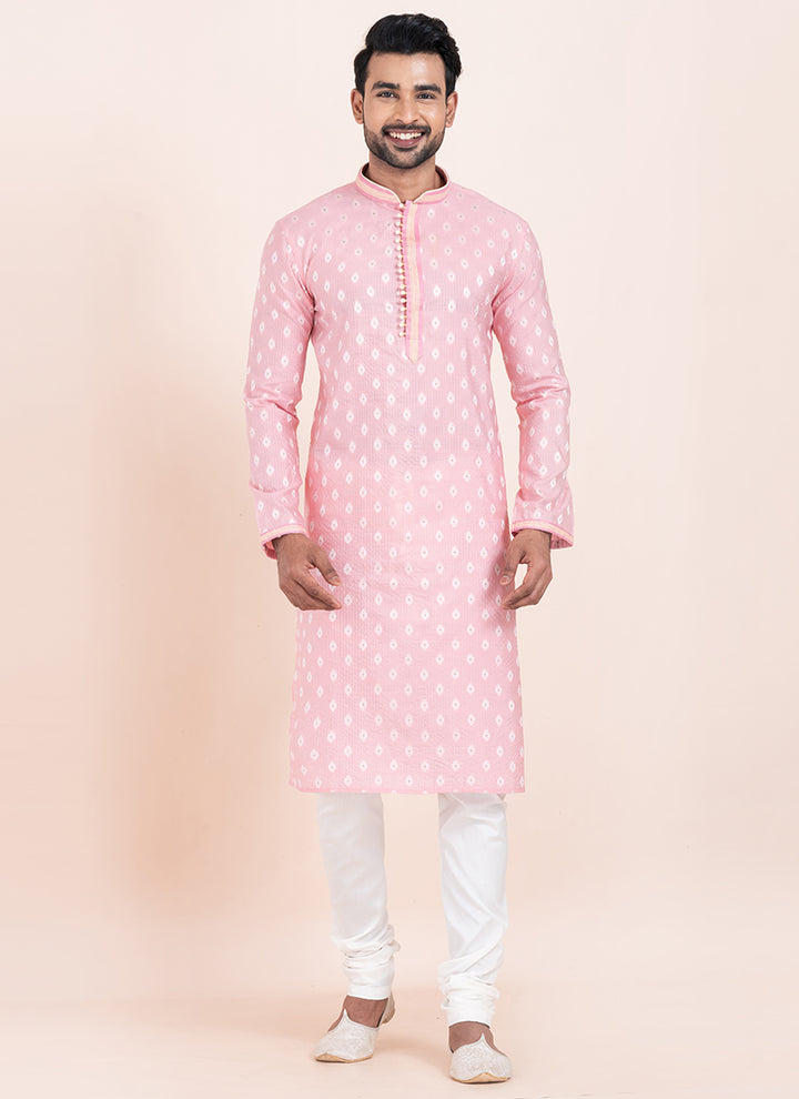 Cotton Pink Festival Wear Jacquard Work Readymade Kurta Pajama