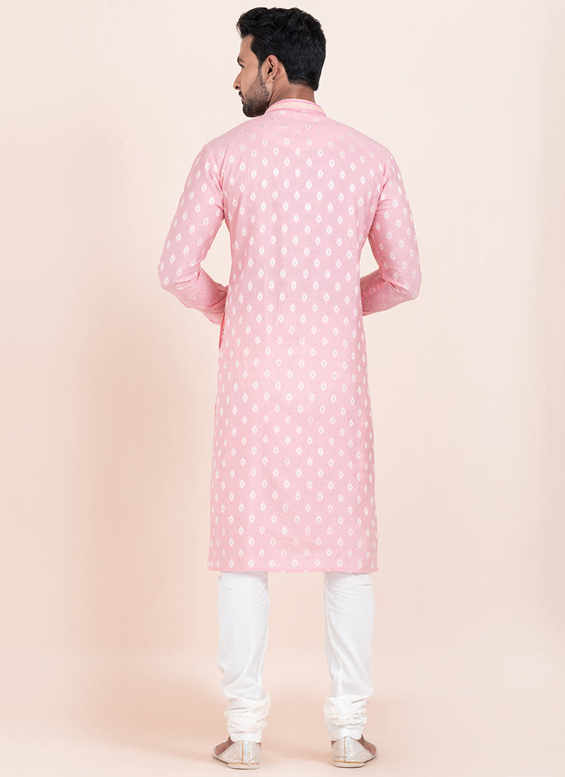 Cotton Pink Festival Wear Jacquard Work Readymade Kurta Pajama