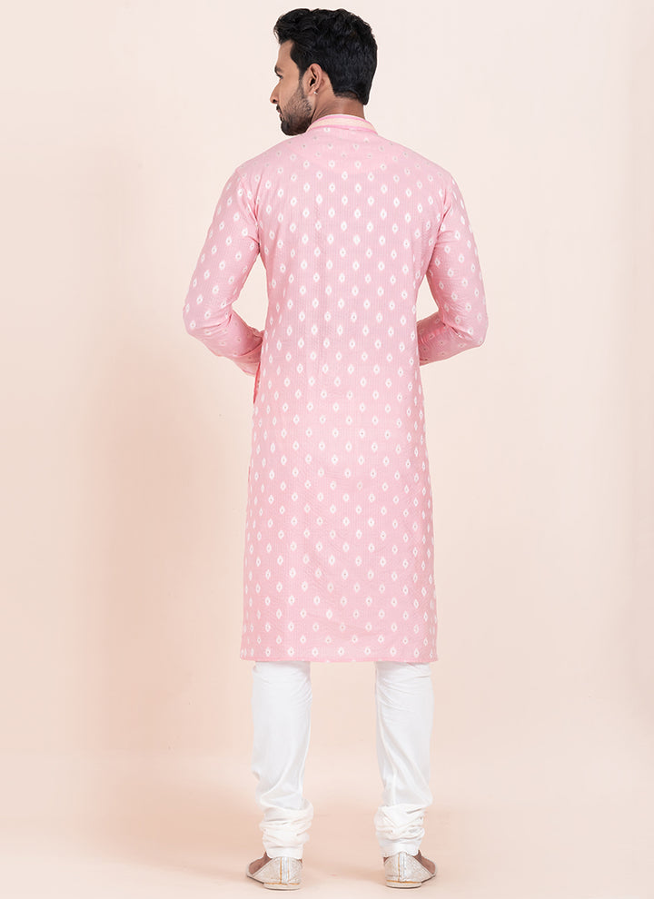 Cotton Pink Festival Wear Jacquard Work Readymade Kurta Pajama