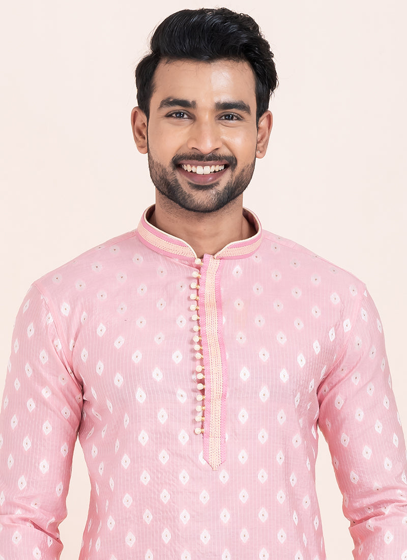 Cotton Pink Festival Wear Jacquard Work Readymade Kurta Pajama