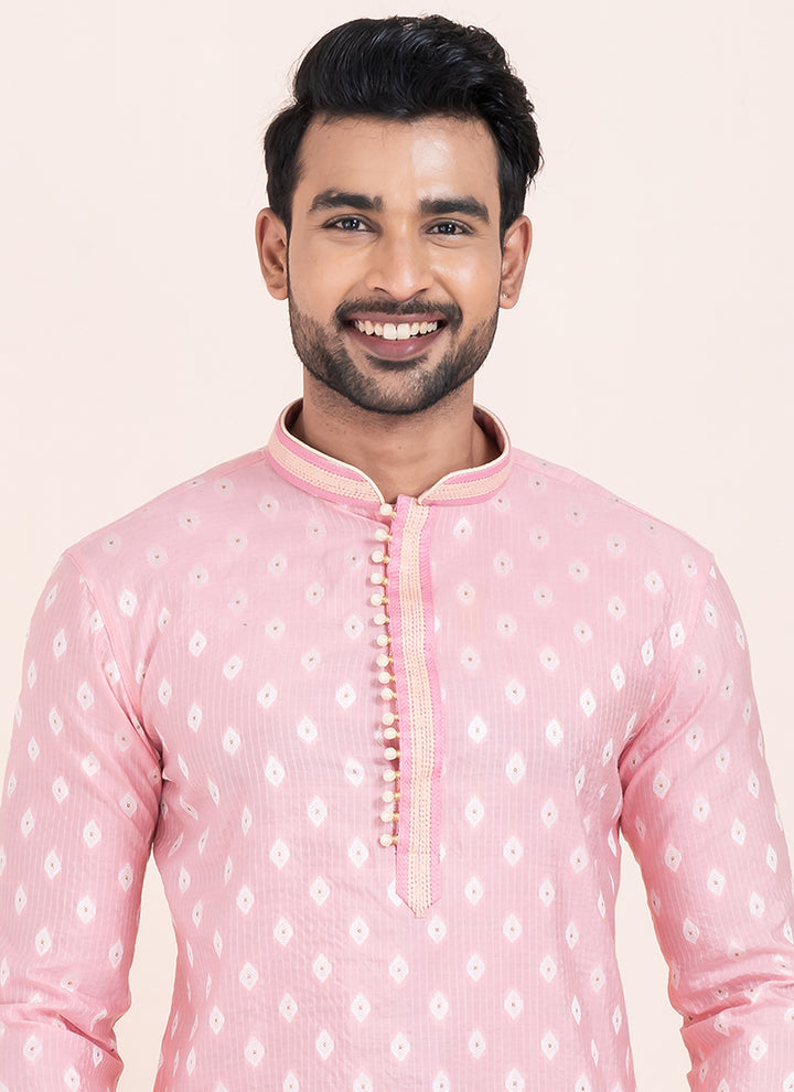 Cotton Pink Festival Wear Jacquard Work Readymade Kurta Pajama