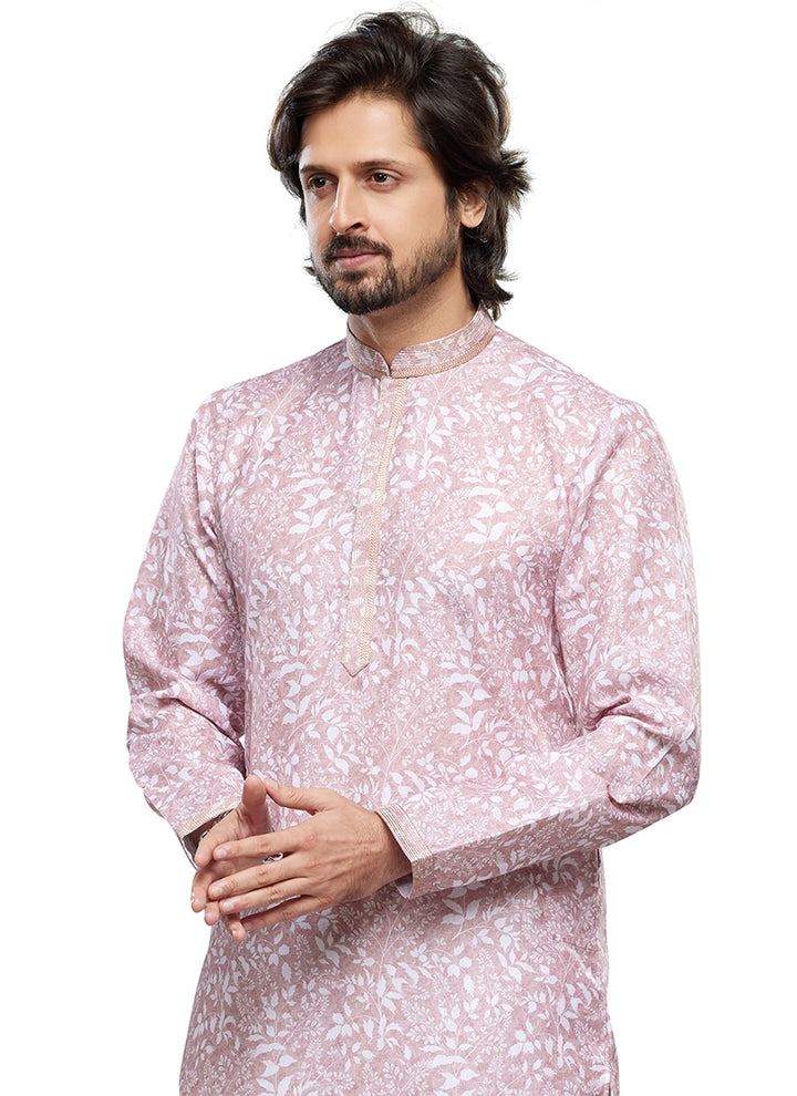 Pink Cotton Party Wear Thread Work Readymade Mens Kurta Pajama