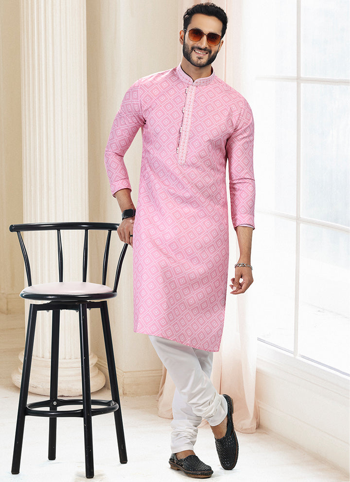 Pink Cotton Traditional Wear Thread Work Kurta Pajama