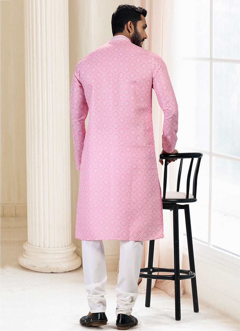 Pink Cotton Traditional Wear Thread Work Kurta Pajama