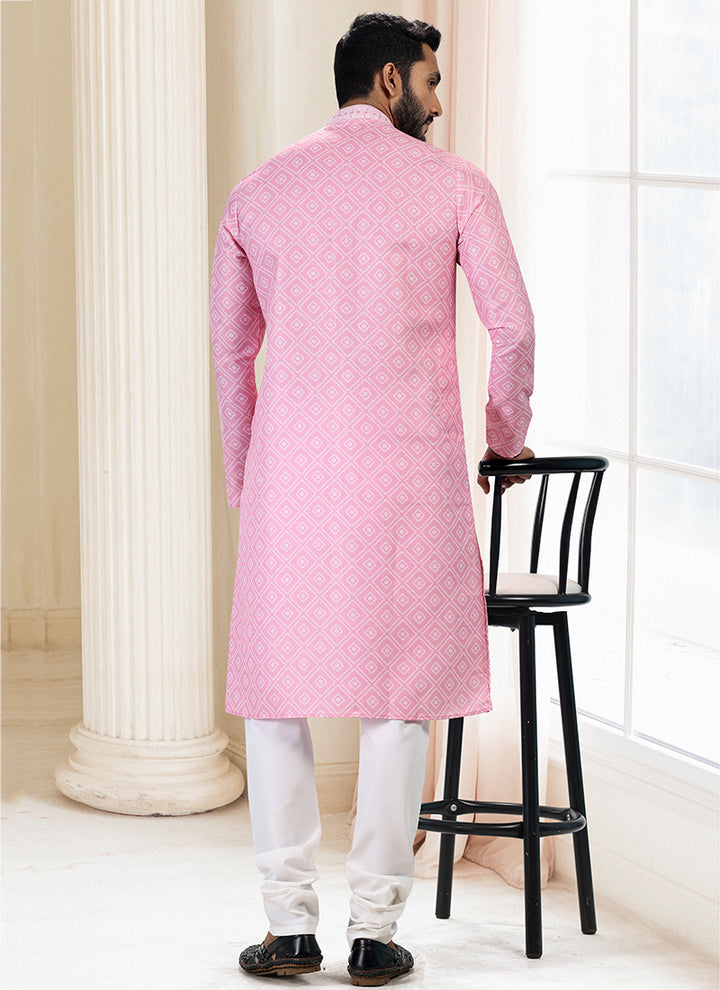 Pink Cotton Traditional Wear Thread Work Kurta Pajama