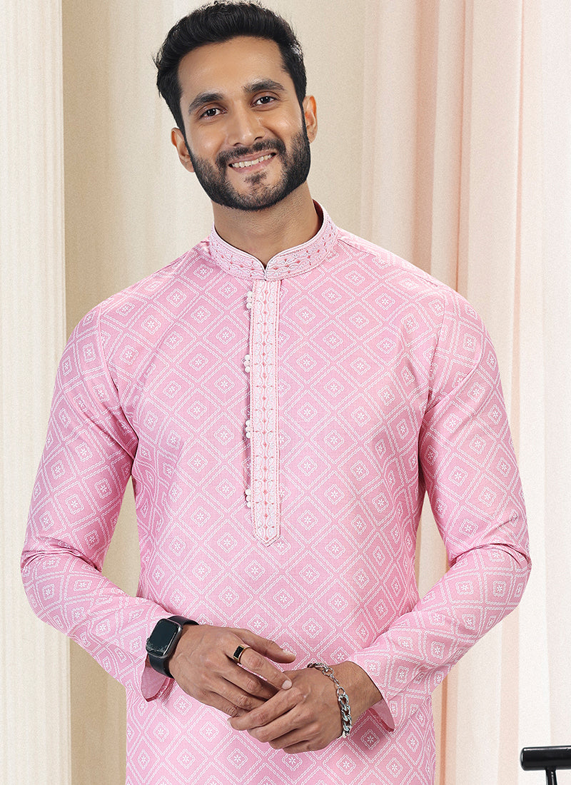 Pink Cotton Traditional Wear Thread Work Kurta Pajama